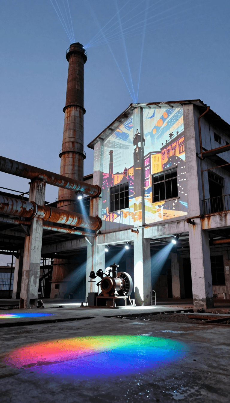 Opheliaai prompt:Landscape lighting,Lighting design,Repurposing a derelict factory’s concrete fra…