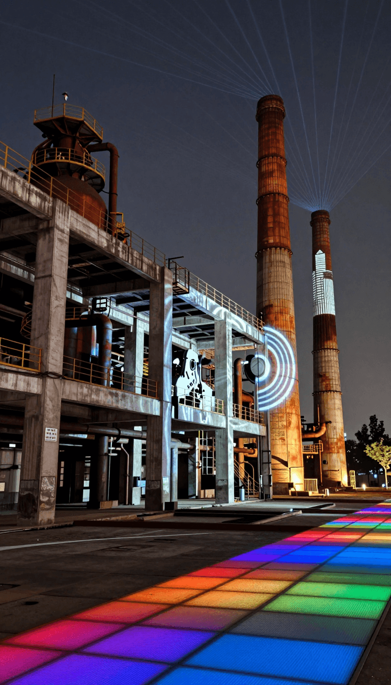 Opheliaai prompt:Landscape lighting,Lighting design,Repurposing a derelict factory’s concrete fra…