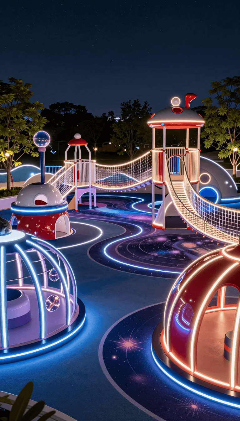 Opheliaai prompt:a futuristic children's playground at night with space-themed design,glowing LED…