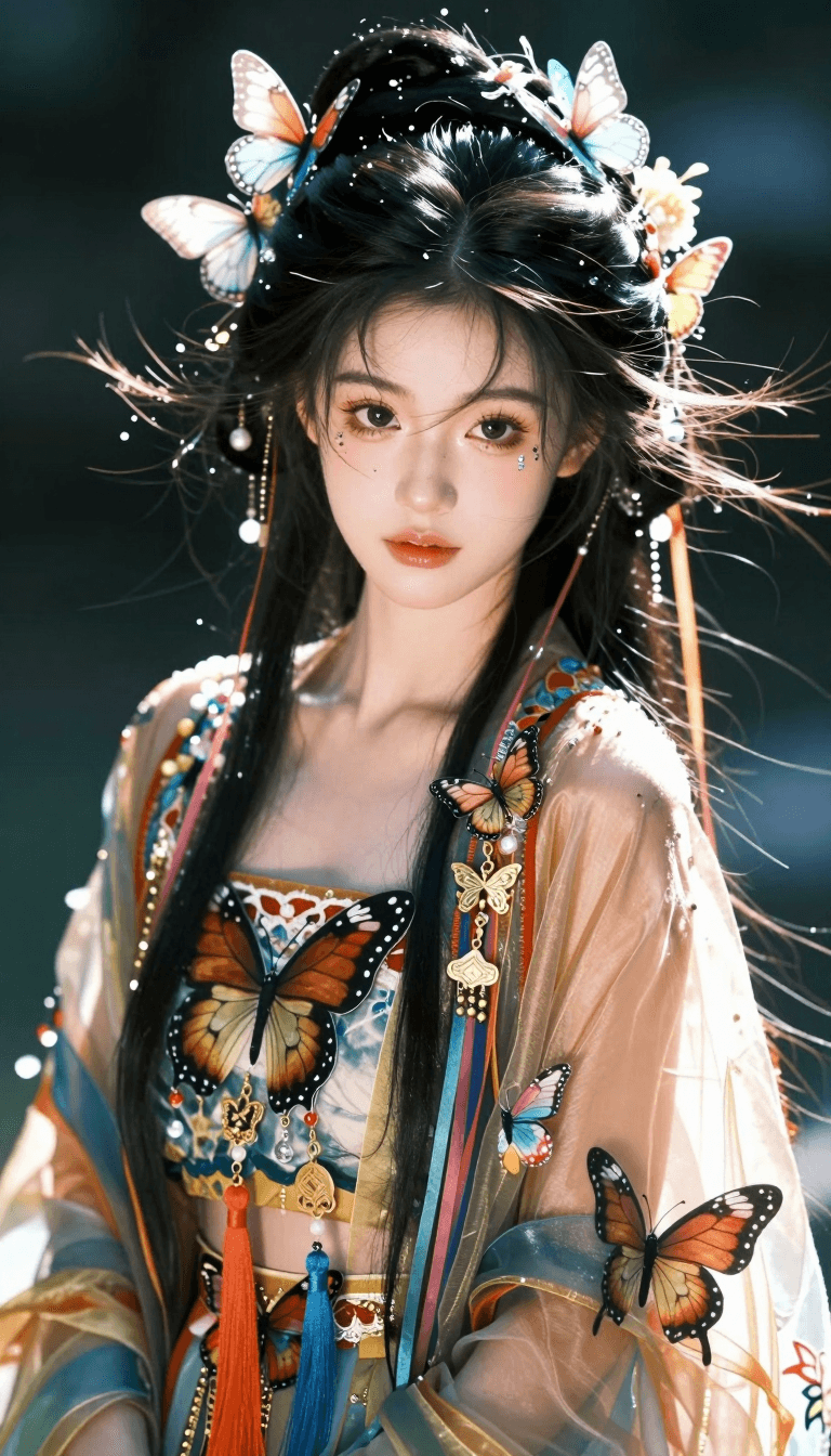 Opheliaai prompt:胶片摄影，对焦模糊，强侧光，高饱和低明度，配色淡雅，高曝过曝，暗调，伦勃朗光，强烈明暗对比，高反差。蝶妖，蝶翼纹路，妖冶灵动，记忆点五官（眼周嵌蝶翼亮片），皮肤…