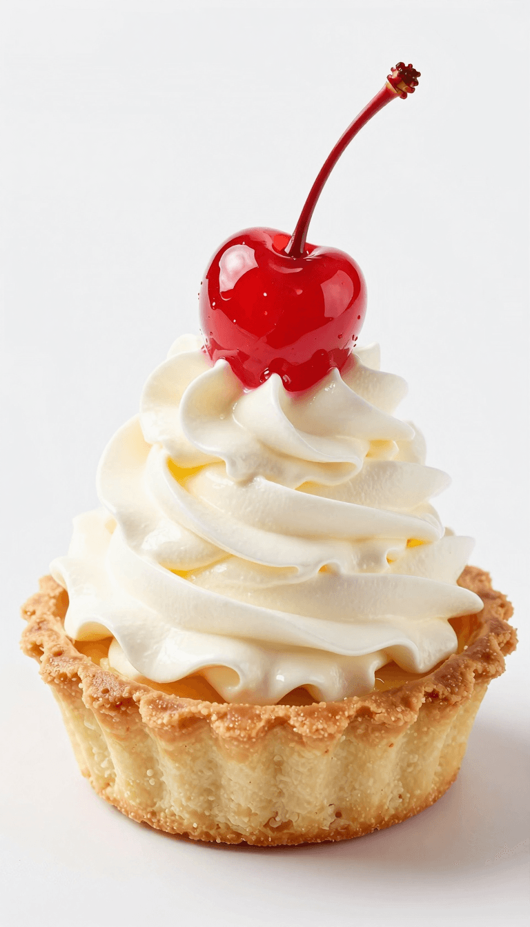 Opheliaai prompt:a frontal view of a gourmet tartlet with a fluffy whipped cream swirl on top and…