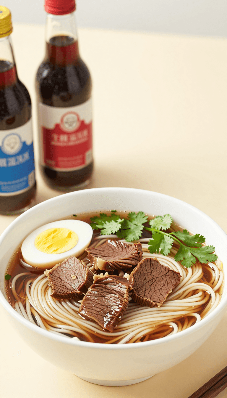 Opheliaai промпт:A bowl of beef noodles, 5 pieces of beef, half a cooked egg, green coriander flo…