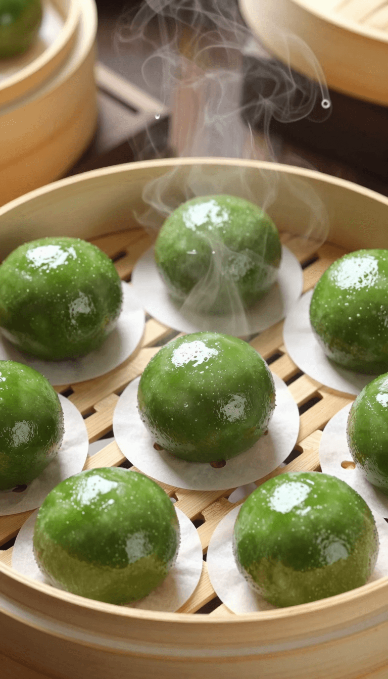 Opheliaai промпт:qingtuan,Streams of steam rose from the bamboo steamer. Eight round green balls…