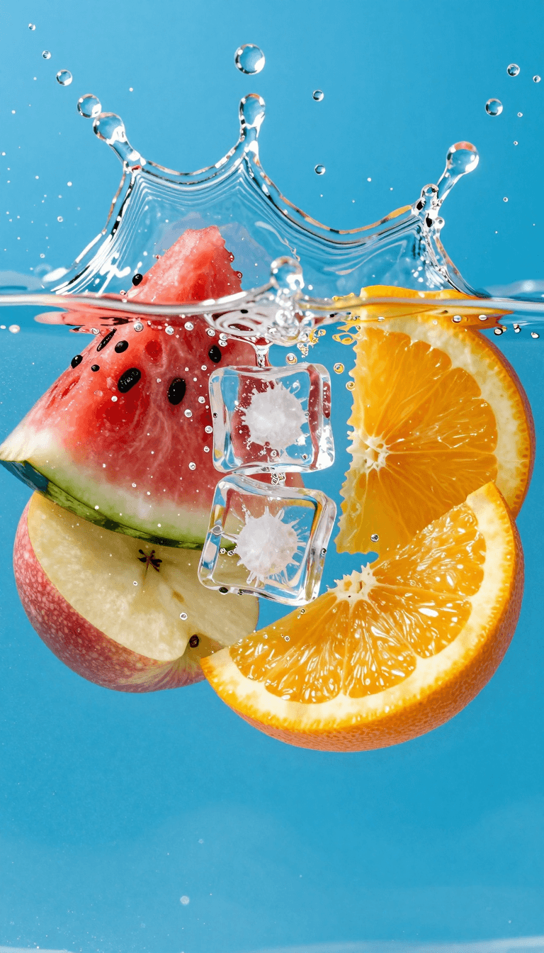 Opheliaai prompt:ad style,a close-up shot of fruit slice ice cubes splashing in water against a b…