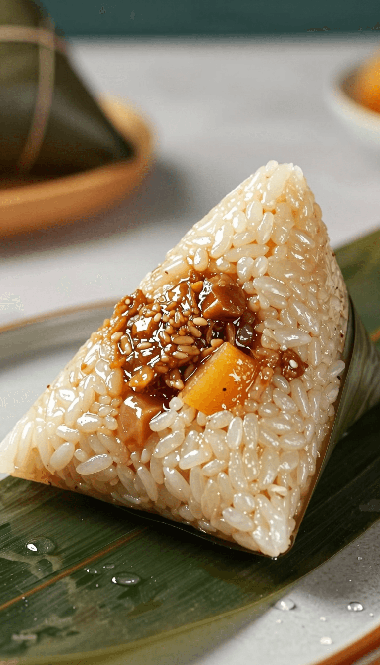 Opheliaai prompt:A Zongzi with meat and fruit inside,made of rice dumpling skin,close-up shot,foo…