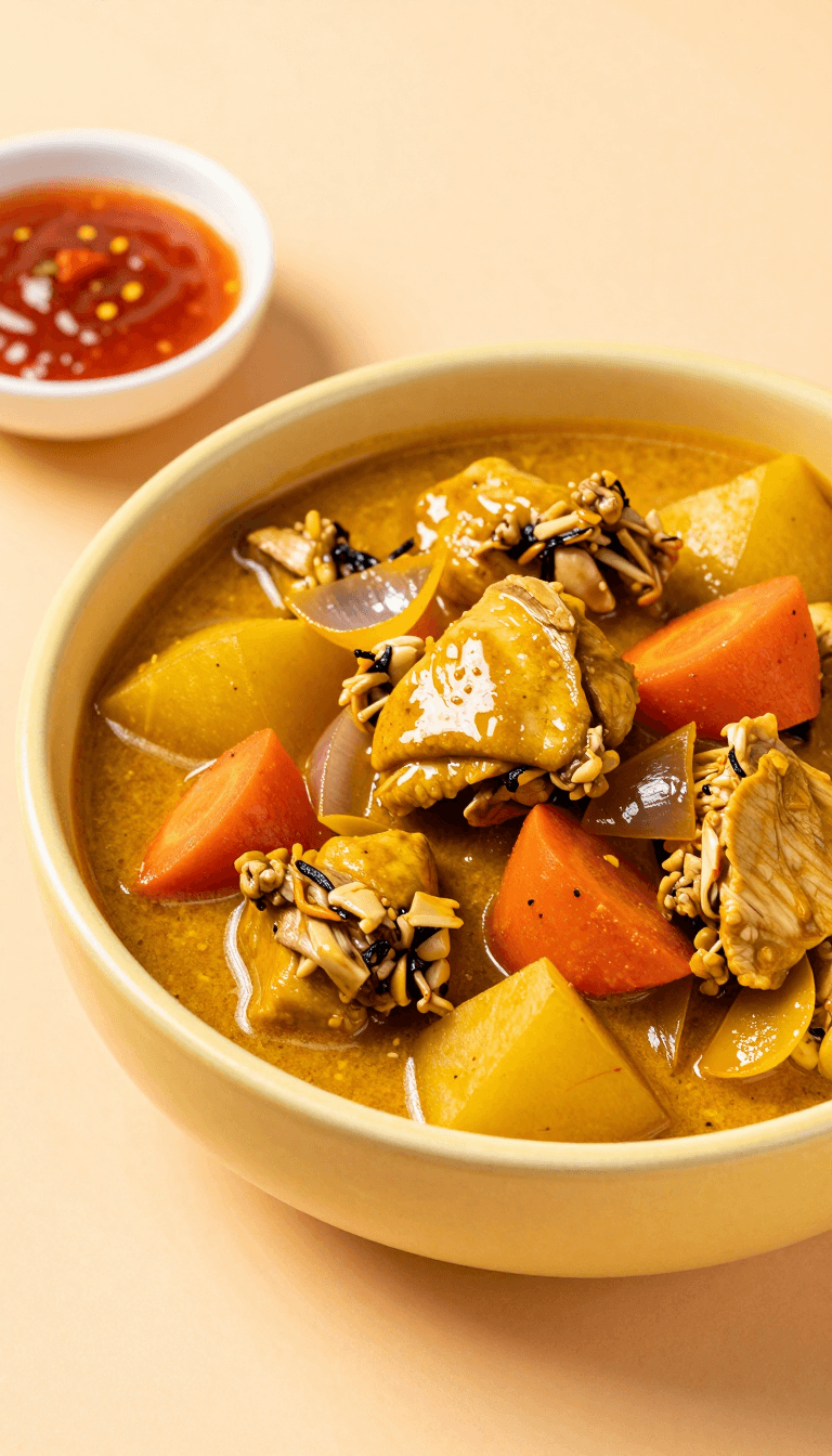 Opheliaai พรอมต์:IPBD, A photograph of a yellow ceramic bowl filled with a hearty chicken curry,…