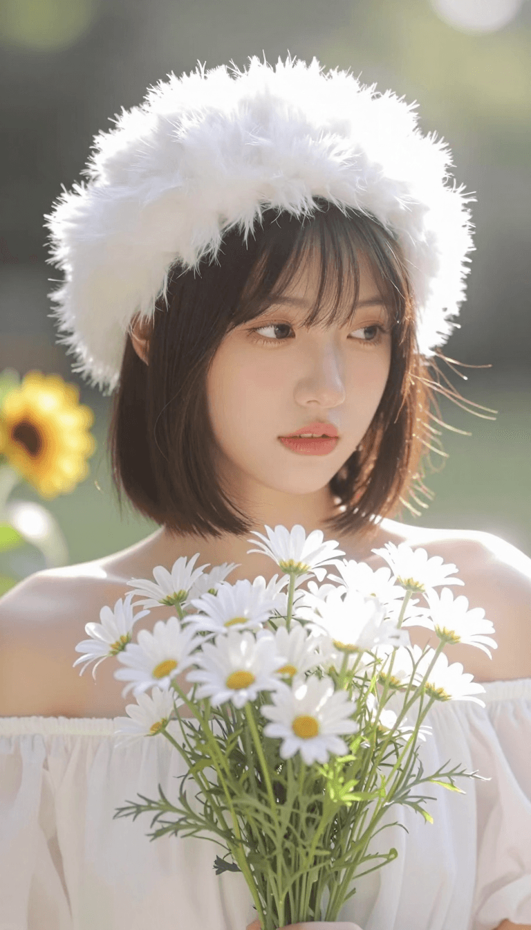 Opheliaai prompt:photograph of an asian woman with a bob haircut, wearing a fluffy white hat, sun…