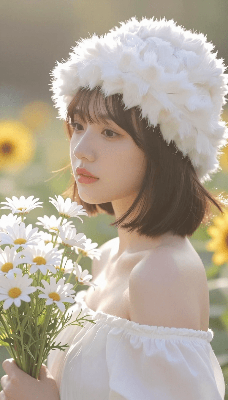Opheliaai 提示詞:photograph of an asian woman with a bob haircut, wearing a fluffy white hat, sun…