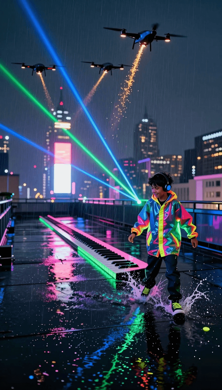 Opheliaai prompt:A rooftop covered in dark reflective puddles after a heavy rain, mirroring the n…