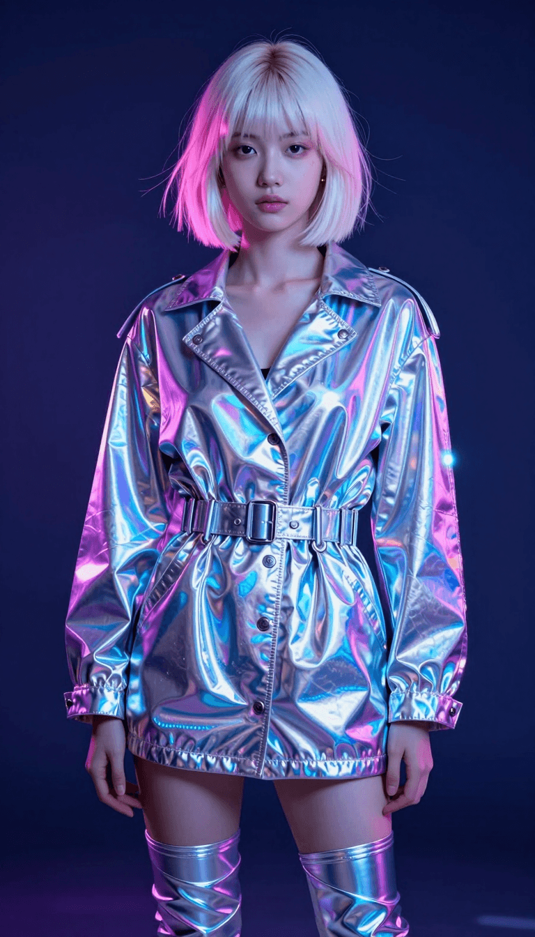 Opheliaai prompt:Laser reflective, pink and white highlights short hair lined with cold eyebrows,…