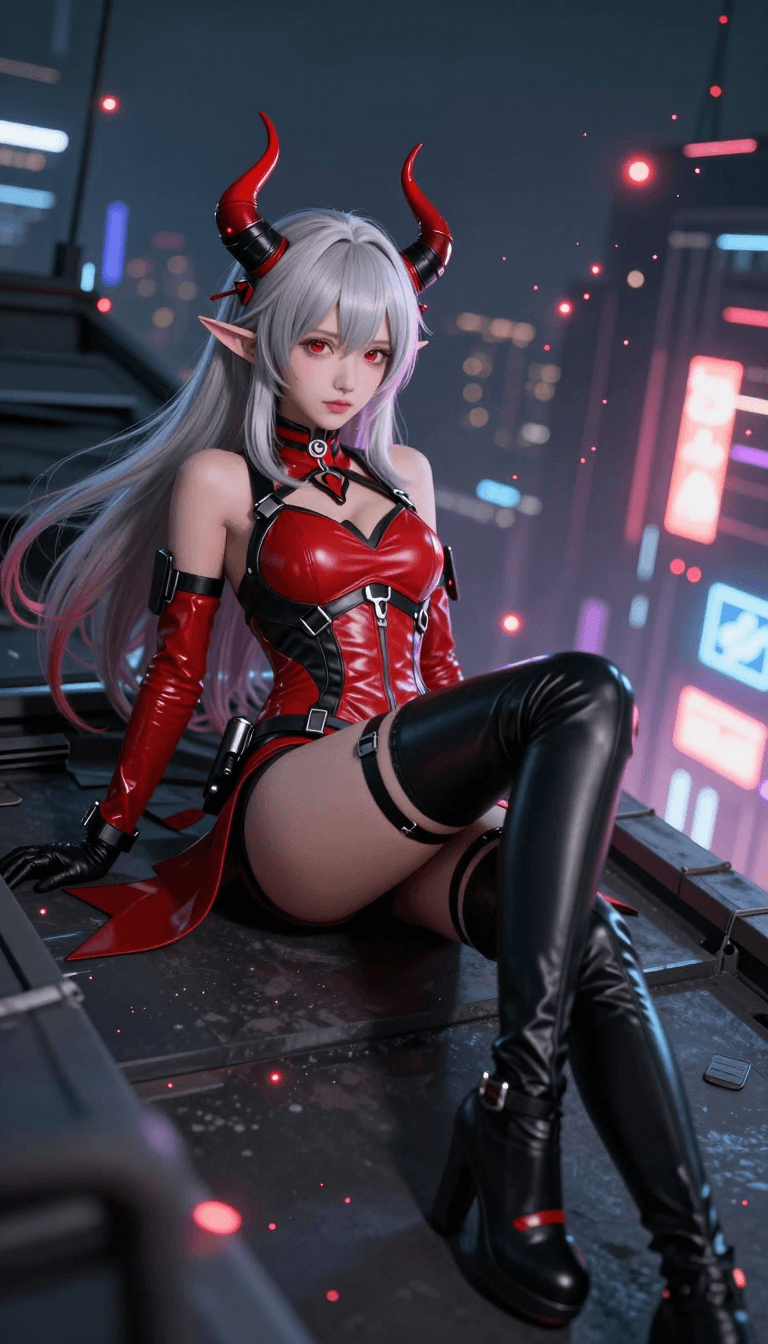 Opheliaai موجه:A charming silver-haired demon girl, wearing a red and black gradient horn-shape…