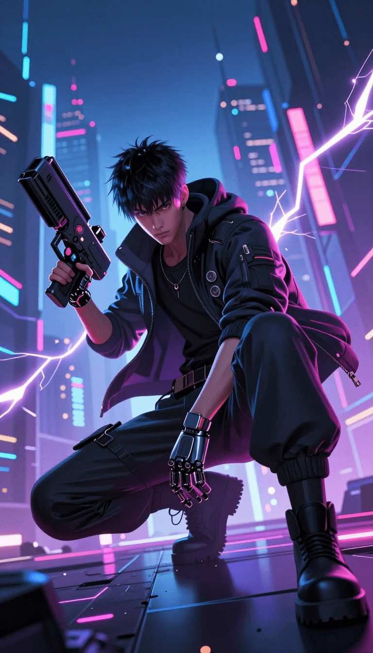 Opheliaai พรอมต์:a digital illustration shoot from below about a cyberpunk character in a dynamic…