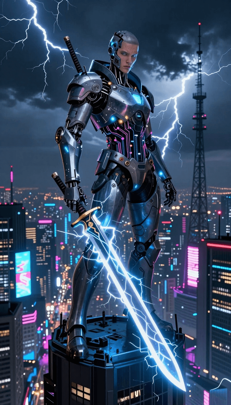 Opheliaai prompt:Cyberpunk,cyberpunk,A cybernetic warrior stands atop a neon-drenched skyscraper,…