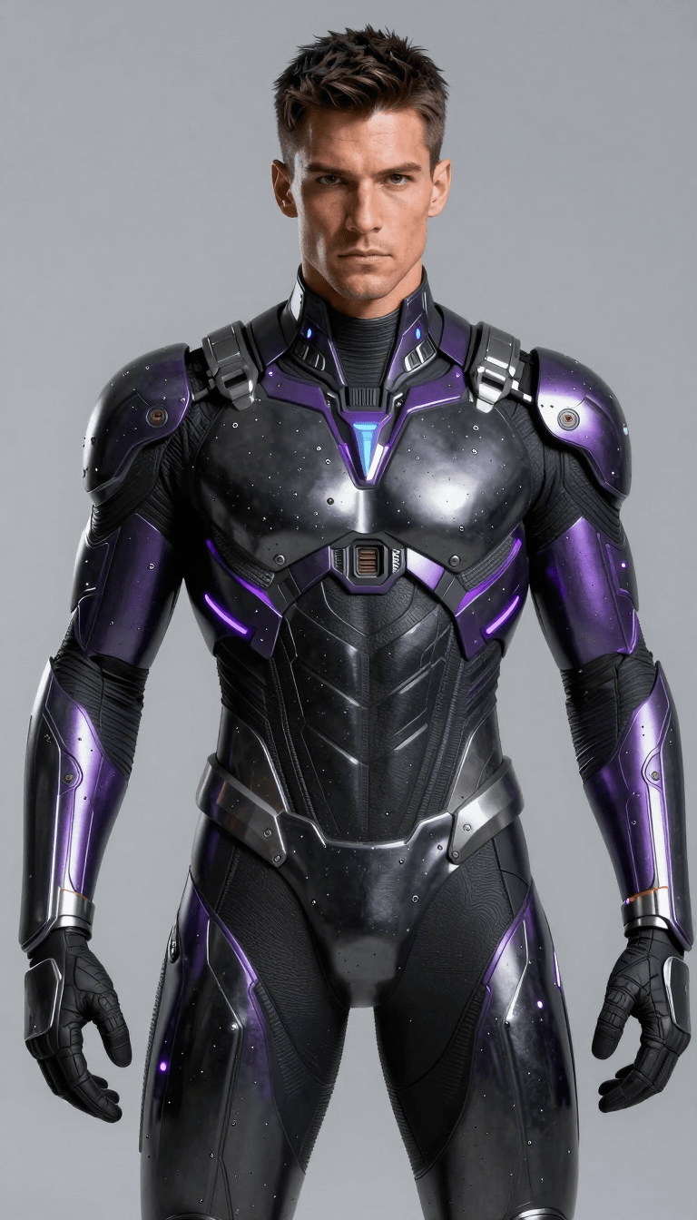 Opheliaai prompt:A muscular,handsome man with dark short hair,wearing a futuristic,metallic,black…