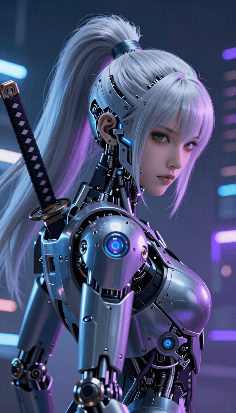 Opheliaai موجه:XIGUA,In the image is a cyberpunk-styled cyborg. The silver-white high ponytail…