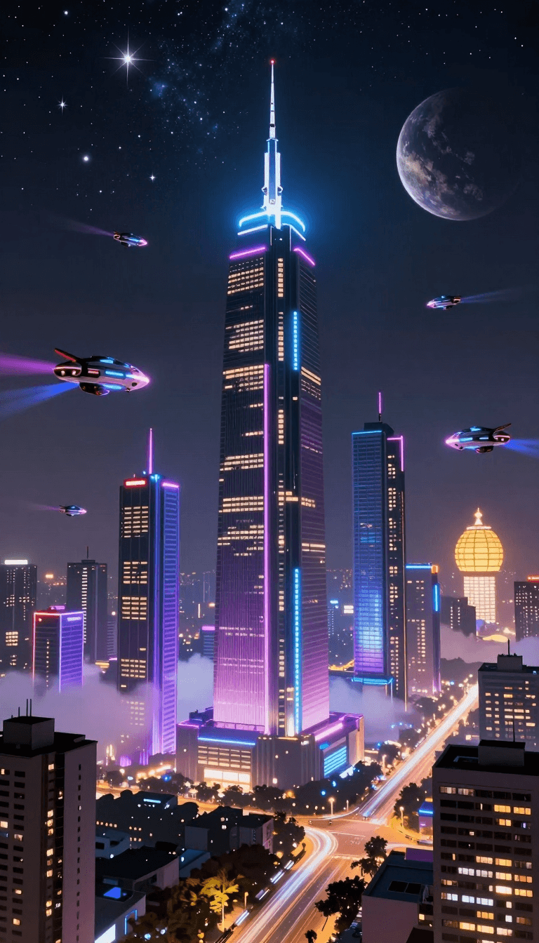 Opheliaai prompt:XIGUA,This picture shows the future sci-fi city. Stars twinkle in the night sky…