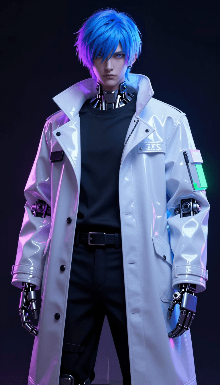 Opheliaai prompt:Cyberpunk style anime men's 3D illustration, blue purple gradual highlights shor…