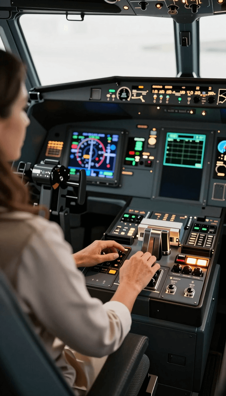 Opheliaai prompt:A woman is seated in the cockpit, her hands gracefully resting on the control pa…