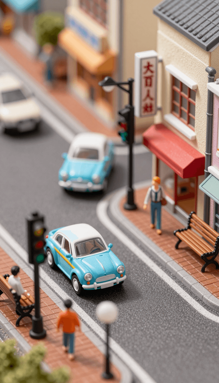Opheliaai prompt:Microscopic city street scene, tiny cars made of beads, minuscule shop signs, do…