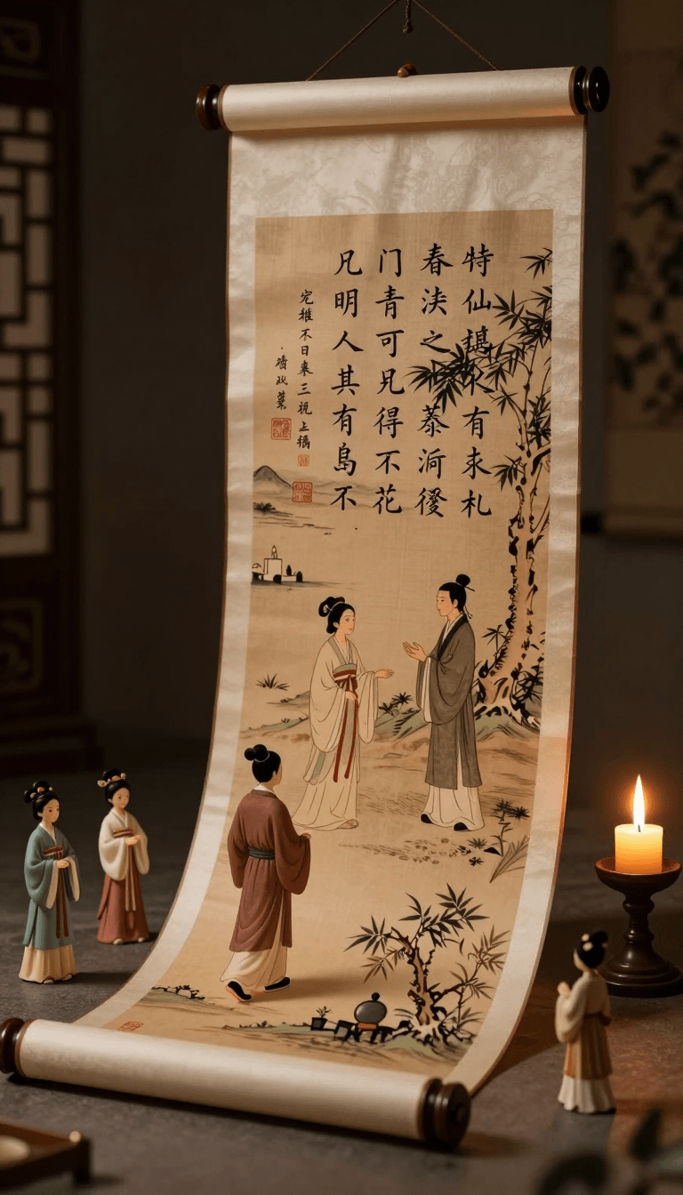 Opheliaai prompt:A work of art that combines ancient poetry and character scenes,where two ancien…