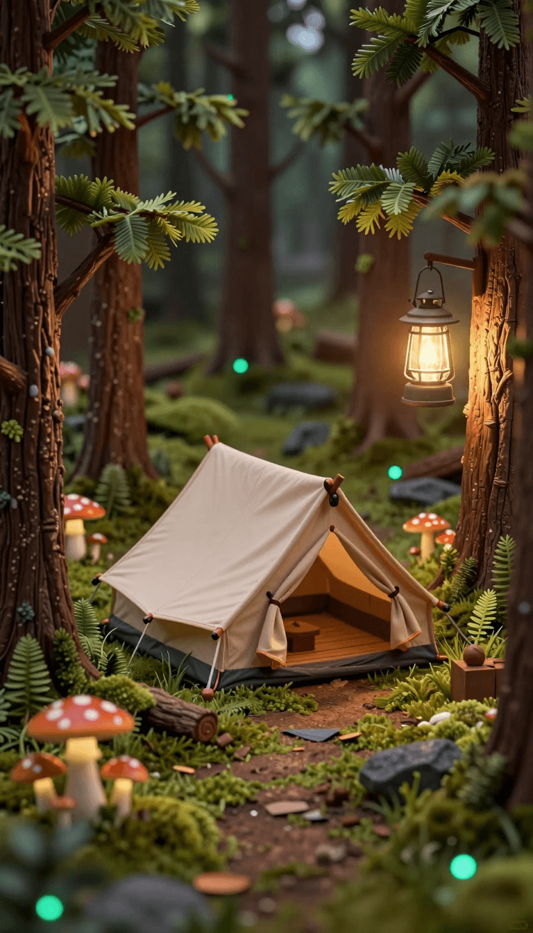 Opheliaai prompt:a miniature diorama of a fantasy forest adventure camp,with a small tent surroun…