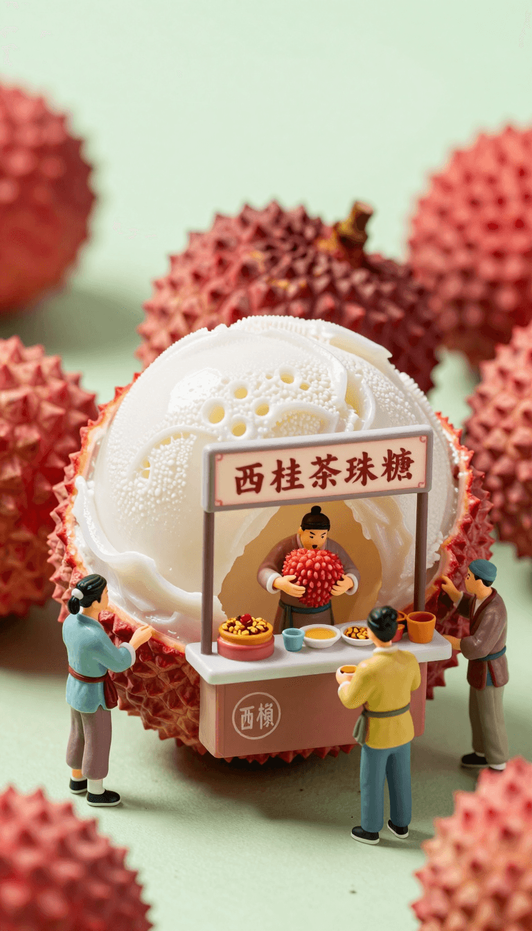 Opheliaai prompt:A giant lychee with the texture of ice cream, carved into it is an open street f…