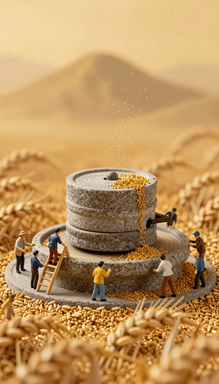 Opheliaai prompt:Miniature photography,In the microscopic world, the ancient stone mill stands ta…