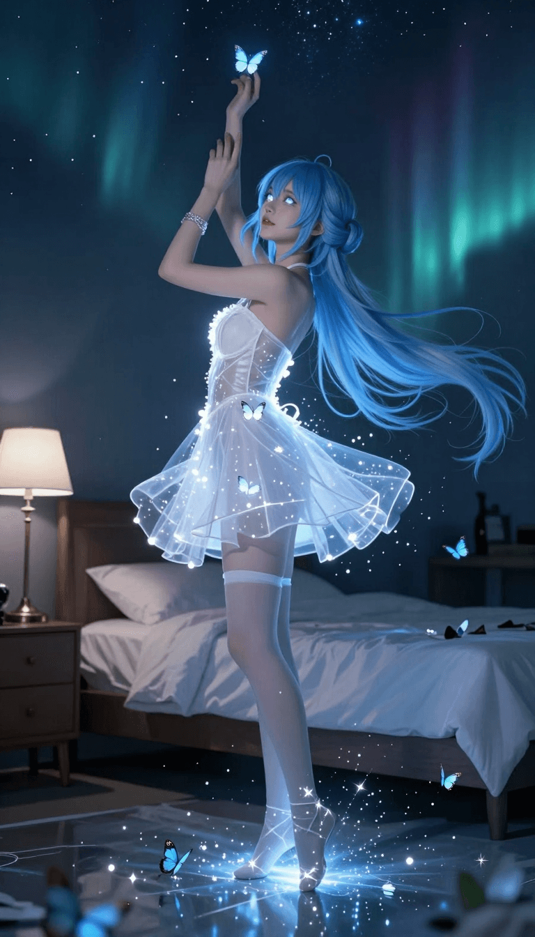 Opheliaai Prompt:JKC,lights skirt,F1GongbiNV,Bedroom,bed,desk lamp,Standing with the ground are b…