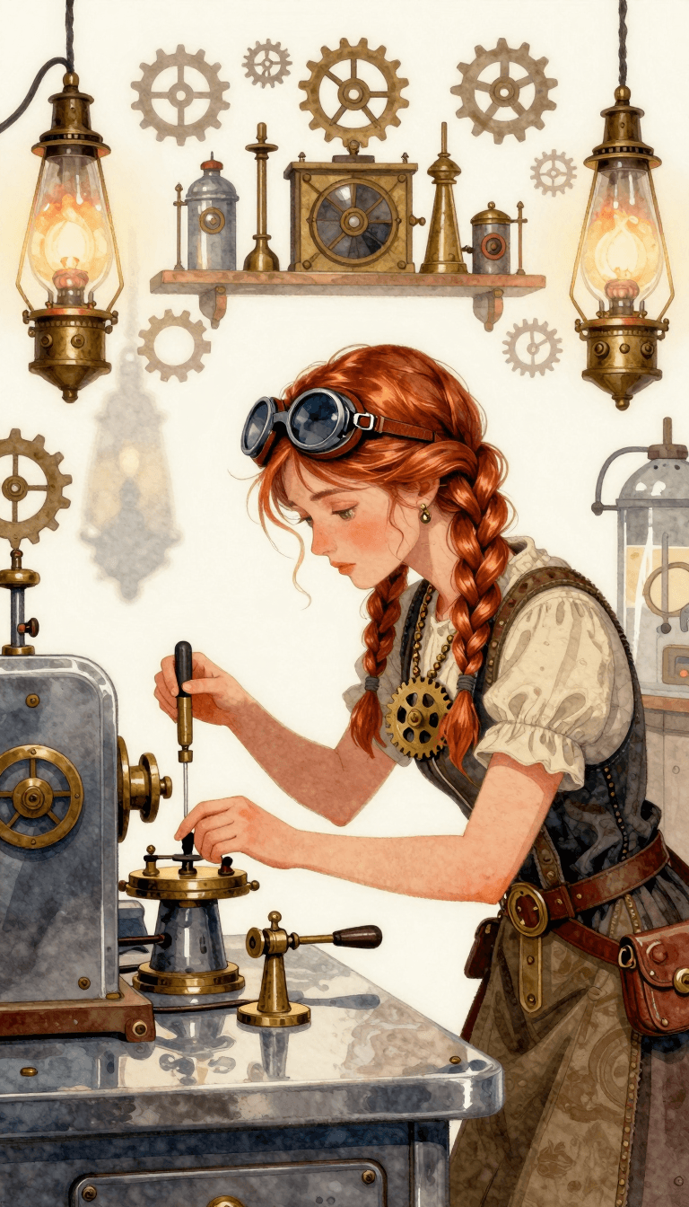 Opheliaai พรอมต์:A steampunk laboratory,a female inventor with copper wire braids leans over to a…