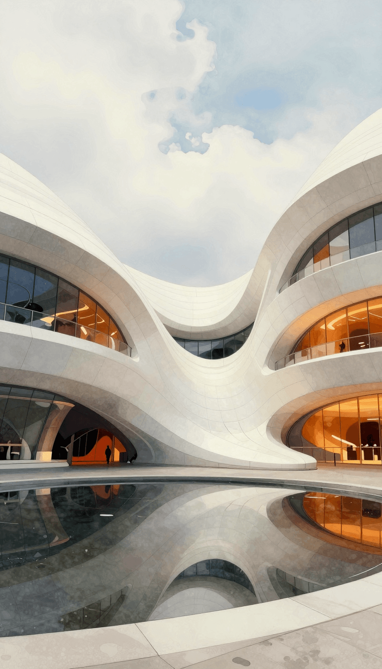 Opheliaai prompt:Photograph of a modern,abstract architectural structure with smooth,flowing whit…