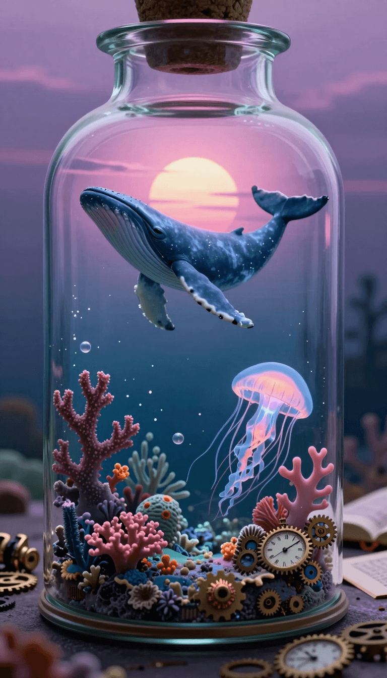 Opheliaai prompt:Dreamscape,A fantastical ocean scene displayed inside a huge glass bottle. In th…