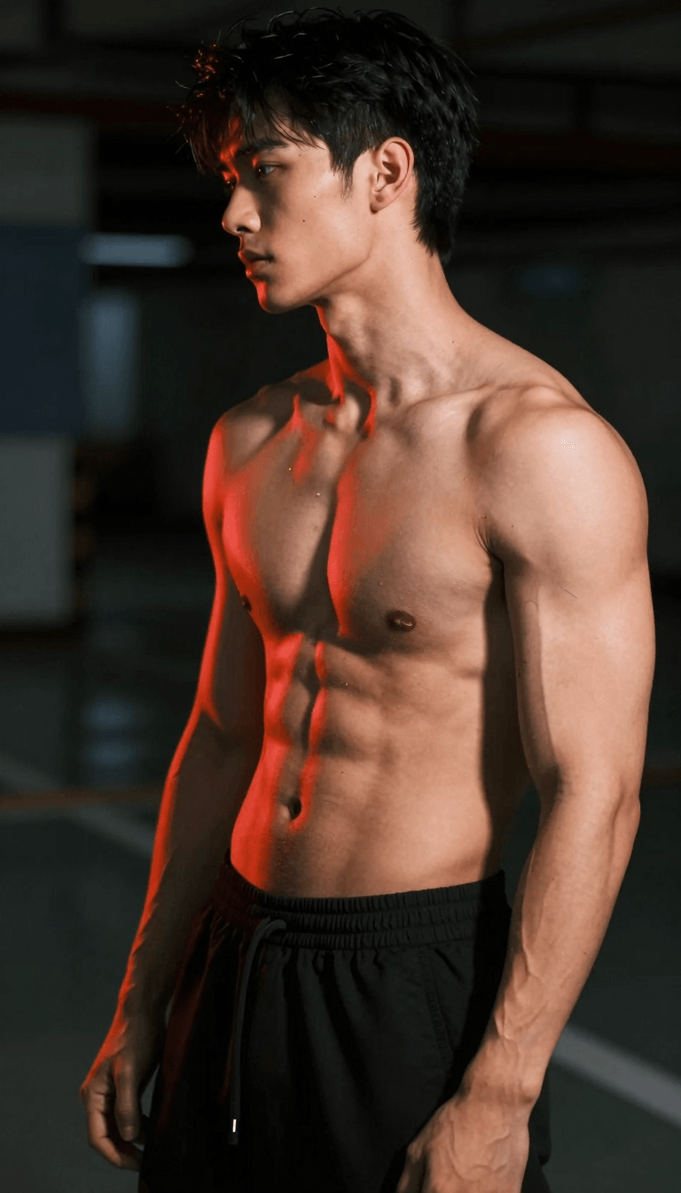 Opheliaai موجه:photo,photo,photo,A ripped,shirtless Asian dude with short,dark hair stands in p…