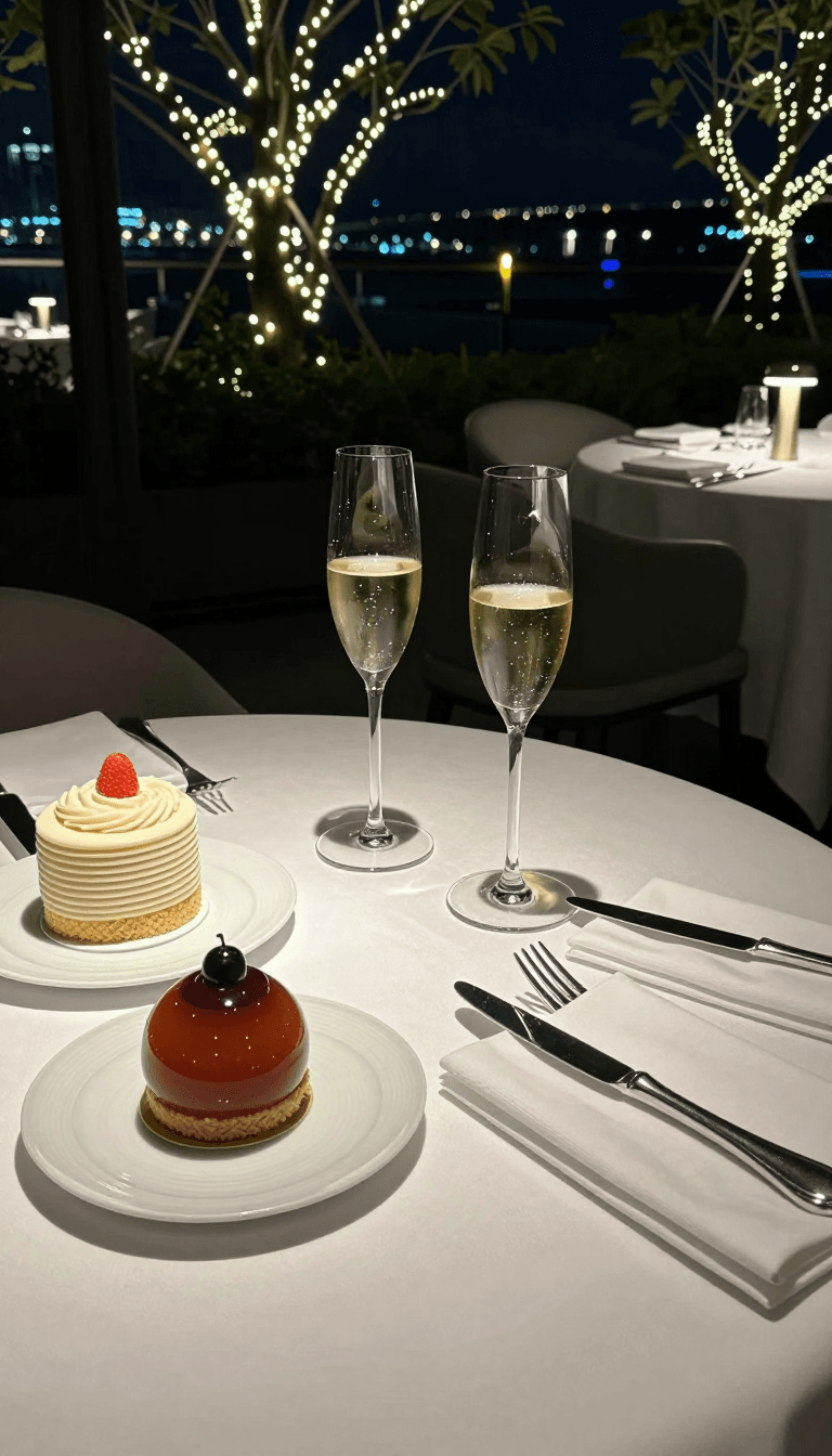 Opheliaai 프롬프트:cake070,High end restaurant,outdoor,at night,with flashing lights,two glasses of…
