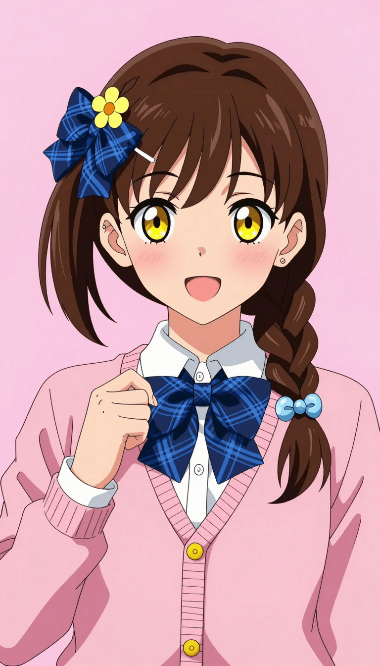 Opheliaai prompt:1girl,solo,hair ornament,bow,blush,yellow eyes,smile,open mouth,ponytail,brown h…