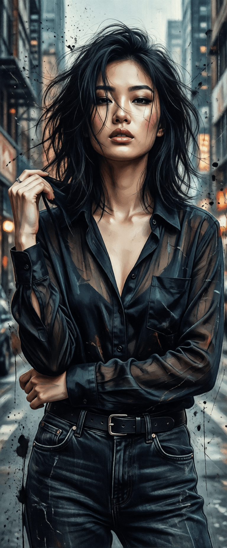 Opheliaai prompt:aesthetic, painterly style, modern ink, Asian girl, sensual, sultry, dark blouse…