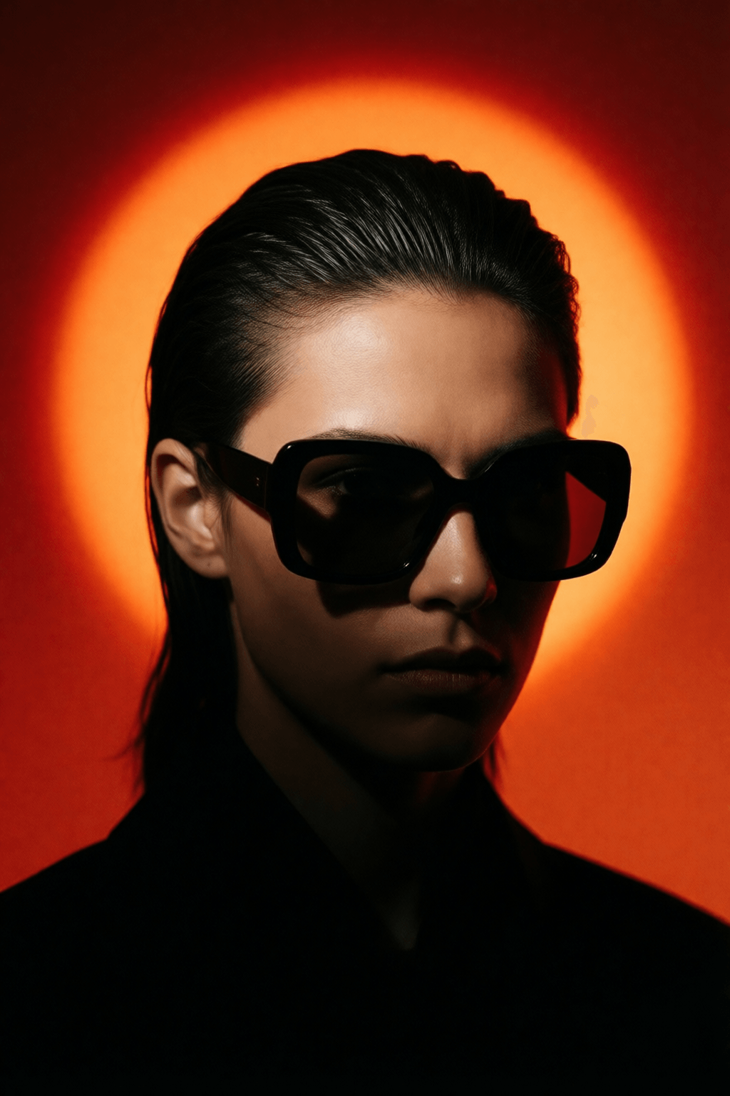 Ophelia trình tạo ảnh AI miễn phí – prompt:A person with slicked-back dark hair wearing oversized square sunglasses is show…