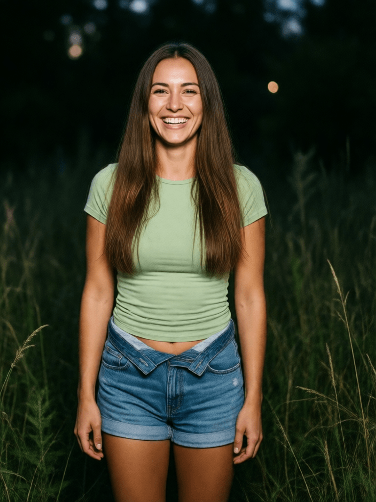 Opheliaai prompt:A woman stands alone in an overgrown grass field on a late night, surrounded by…