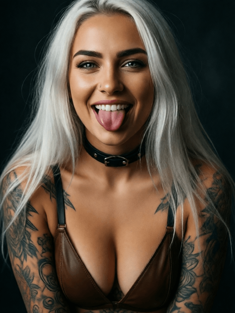 Opheliaai Prompt:Portrait of a gorgeous woman, 20 years old, with open lush breasts, a thin leath…