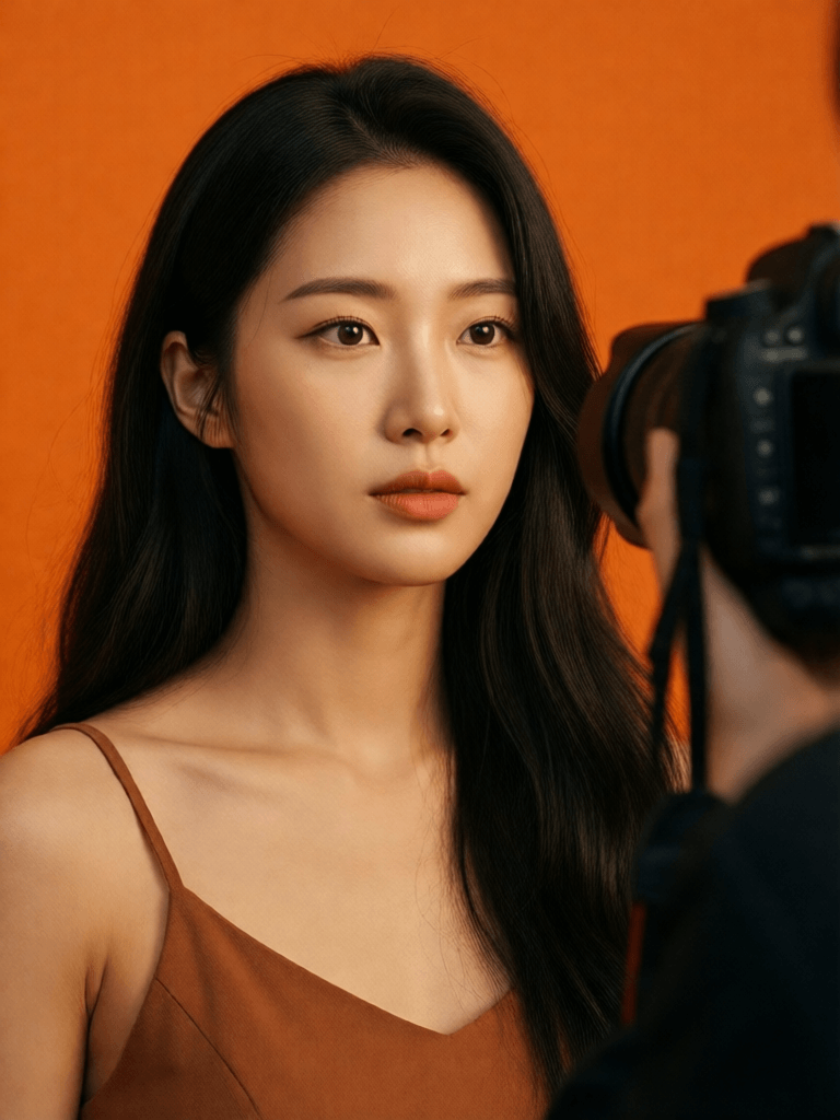 Opheliaai prompt:photography, orange hue, korean woman model, solid orange backdrop, using a came…