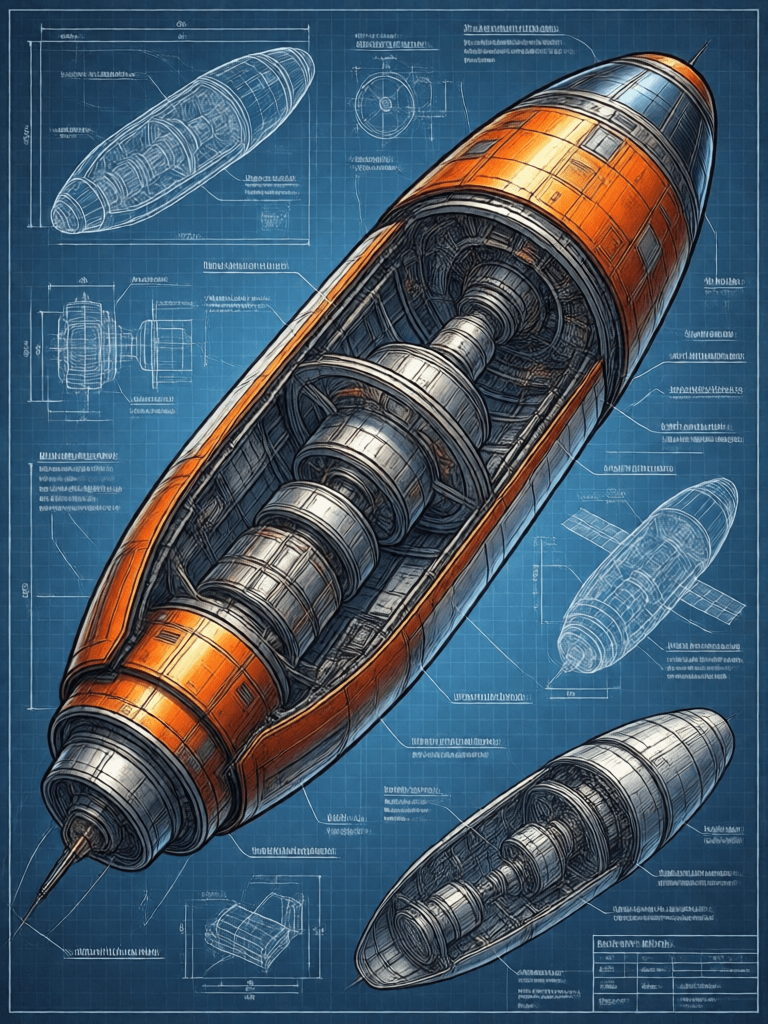 Ophelia 免費 AI 圖片生成器提示詞:Produce a detailed technical illustration of a spacecraft, showcasing a cutaway…