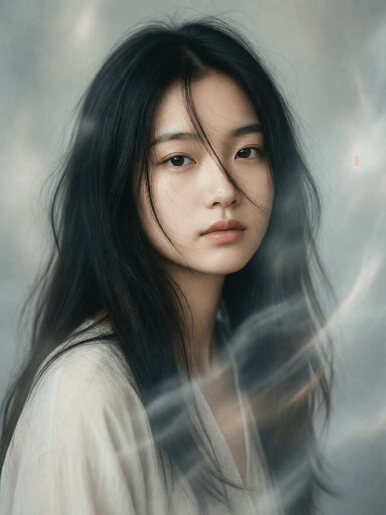 Opheliaai prompt:blurry image of a girl, in the style of minimalist beauty, androgynous, light bl…