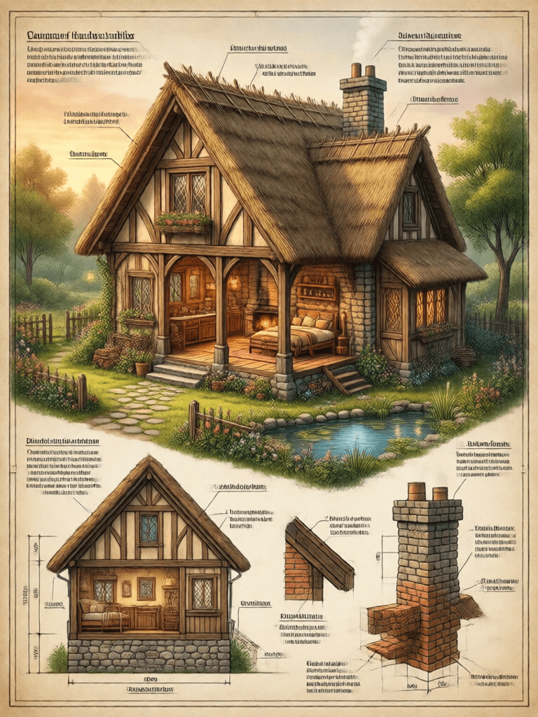 Ophelia free AI image generator prompt:A digital architectural blueprint of a cozy, rustic cottage house, with comprehe…