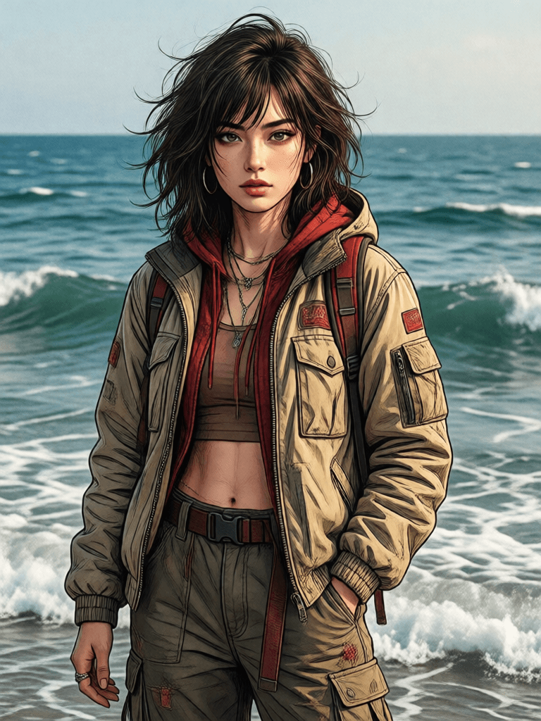 Opheliaai prompt:a woman in the ocean, in the style of light beige and red, hikecore, bold graphi…