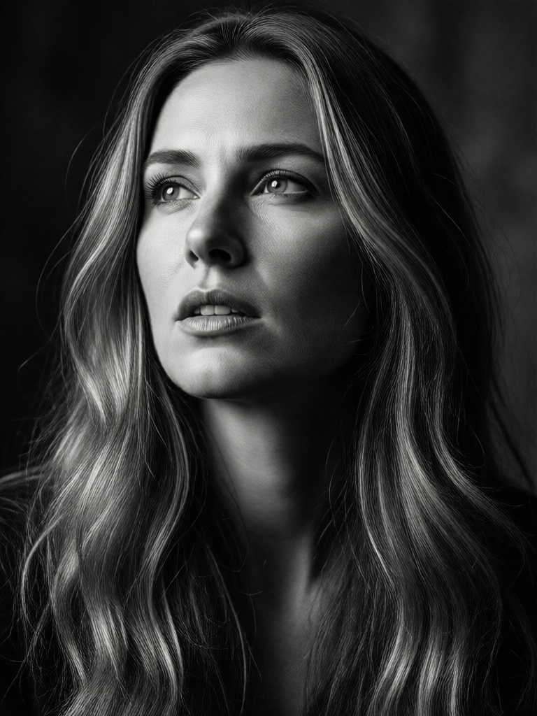 Opheliaai промпт:Portrait of a woman with long, wavy hair, looking up and to the side. Black and…