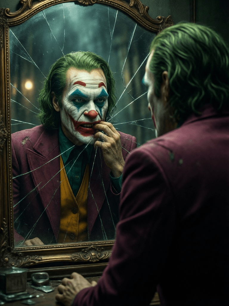 Opheliaai prompt:The Joker, a villain from the Batman film series, looks at himself in a broken m…