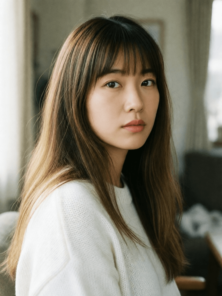 Opheliaai พรอมต์:Photograph of an Asian woman with long hair, bangs, and a white sweater, medium-…