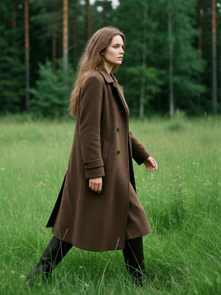 Ophelia generatore di immagini IA gratuito – prompt:a woman walking through a lush green field, vogue fashion photo, brown tuffle co…