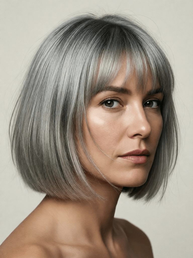 Ophelia free AI image generator prompt:hair photography, woman, bob cut hair, silver color, ivory hue background, studi…