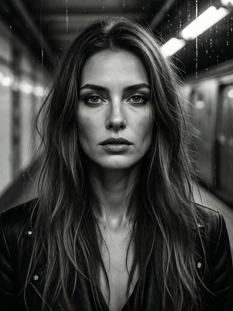 Ophelia générateur d’images IA gratuit – prompt:a woman with long hair in a subway station, in the style of black and white imag…