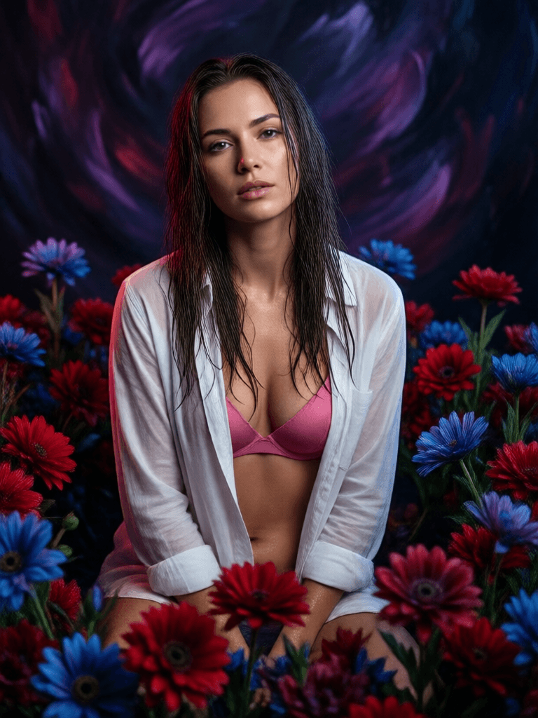 Ophelia 免費 AI 圖片生成器提示詞:Create a photorealistic image of a woman with wet hair, wearing a white shirt pa…